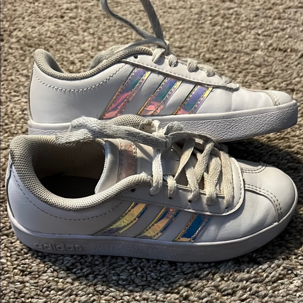 Adidas Kids White Sneakers with Iridescent Stripes